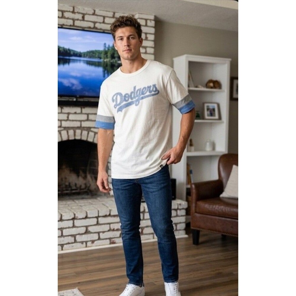 Dodgers '47 Brand NWT XL Shirt Cream Blue Gray Colorblock Script Logo MLB Mens
